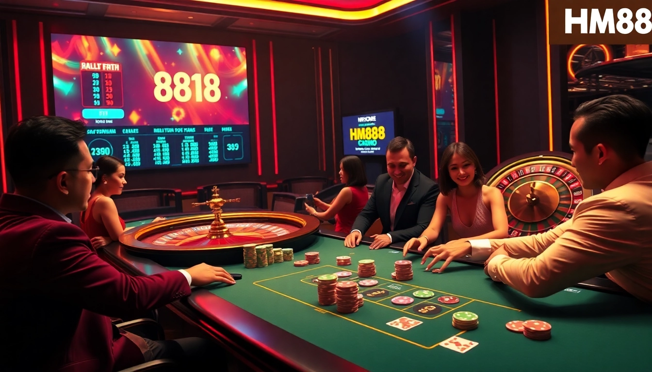 Players enjoying poker at HM88, featuring vibrant colors and luxurious casino elements.