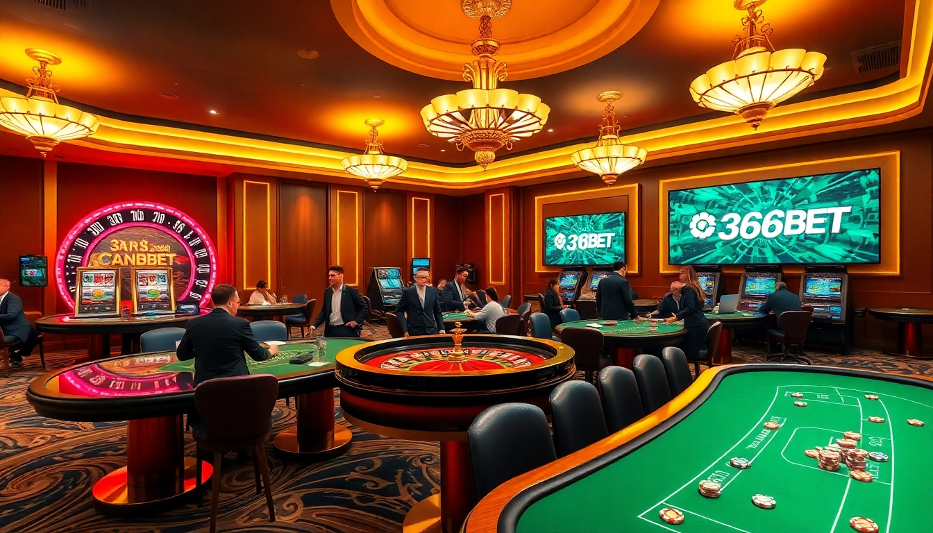 Players enjoying a thrilling gaming experience at 368BET's luxurious casino interior, featuring roulette and blackjack tables.