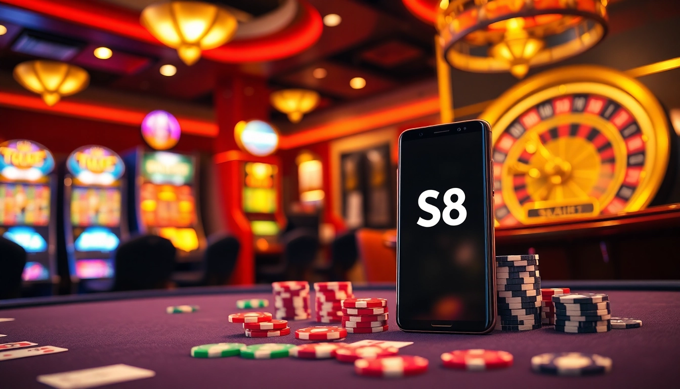 Engaging casino atmosphere with S8 smartphone in the foreground, vibrant gaming elements in background.