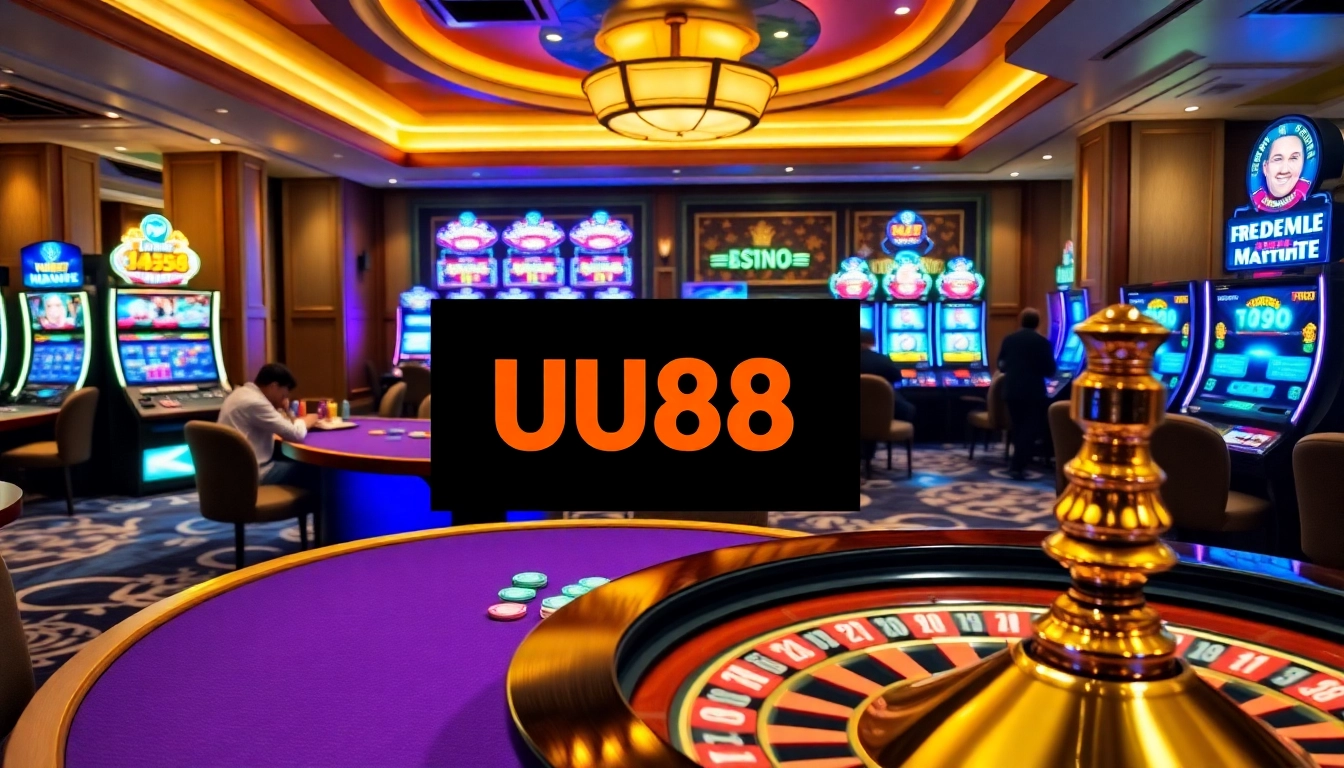 Dynamic casino scene featuring UU88 poker action, colorful chips, and a roulette wheel.