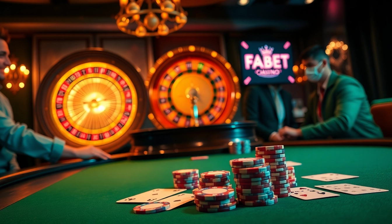 FABET poker players engaging in a high-stakes game at an elegant casino table.