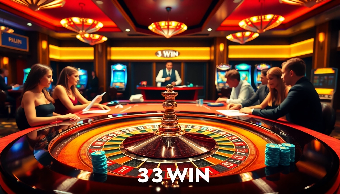 Players engage in lively betting at the 33WIN casino roulette table, capturing the excitement of gambling.