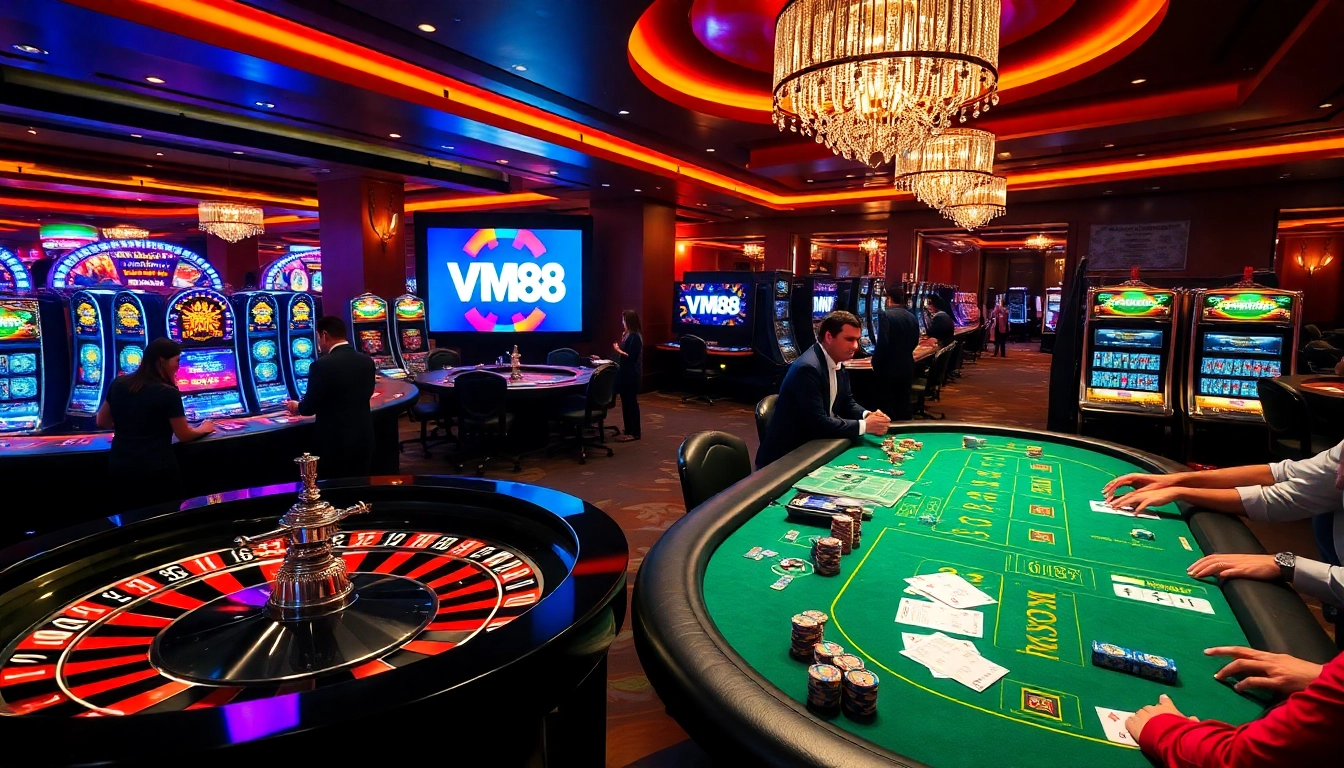 Experience the excitement of VM88 with players at a luxurious casino table.
