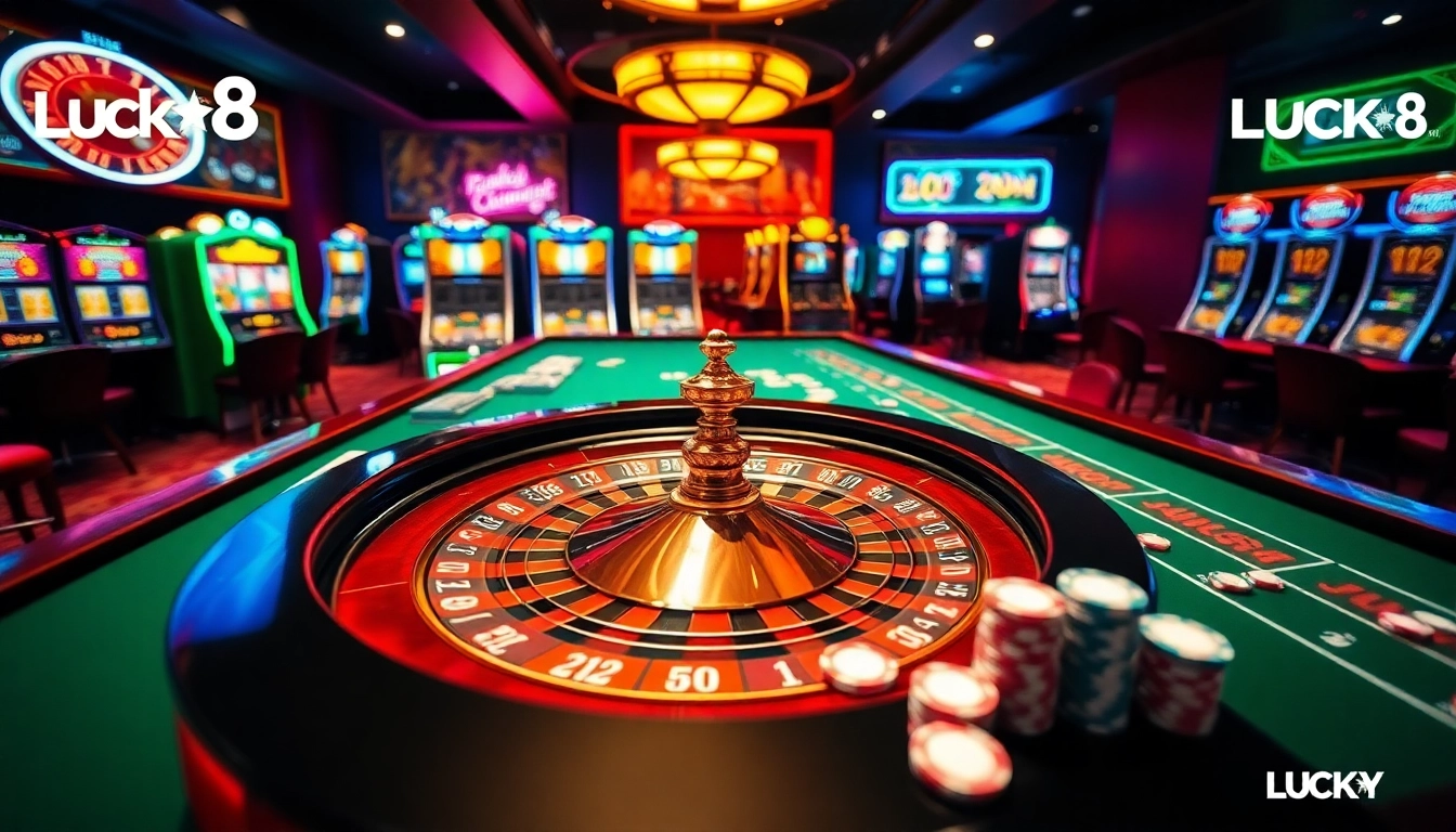 Trải nghiệm cảm giác hồi hộp tại bàn casino sang trọng của LUCK8 và LUCKY8 với các chip poker rực rỡ, bộ bài và bánh xe roulette.