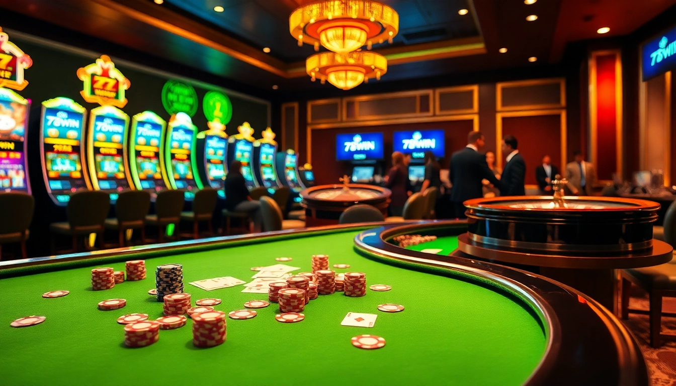 Players engaging in thrilling casino games at 78WIN, showcasing vibrant poker chips and roulette excitement.