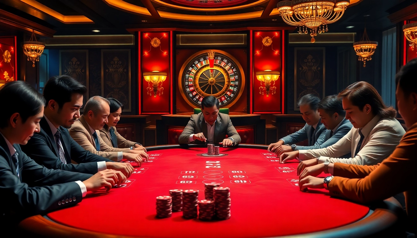 Gamebaidoithuong players engaging in high-stakes card games at a luxurious casino table.