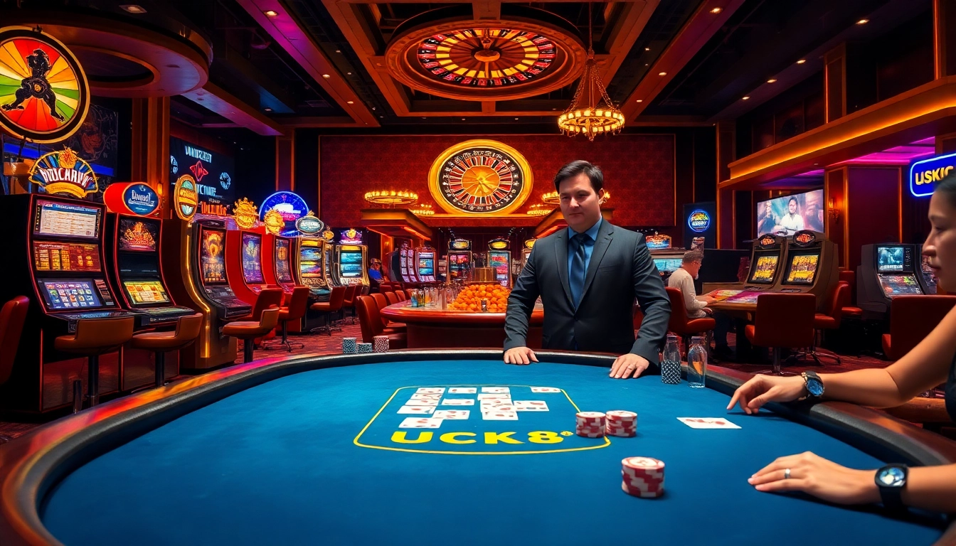 Tương tác với LUCK8 tại một casino sang trọng với những máy xèng rực rỡ và bàn poker thanh lịch cùng lối chơi đầy hành động.