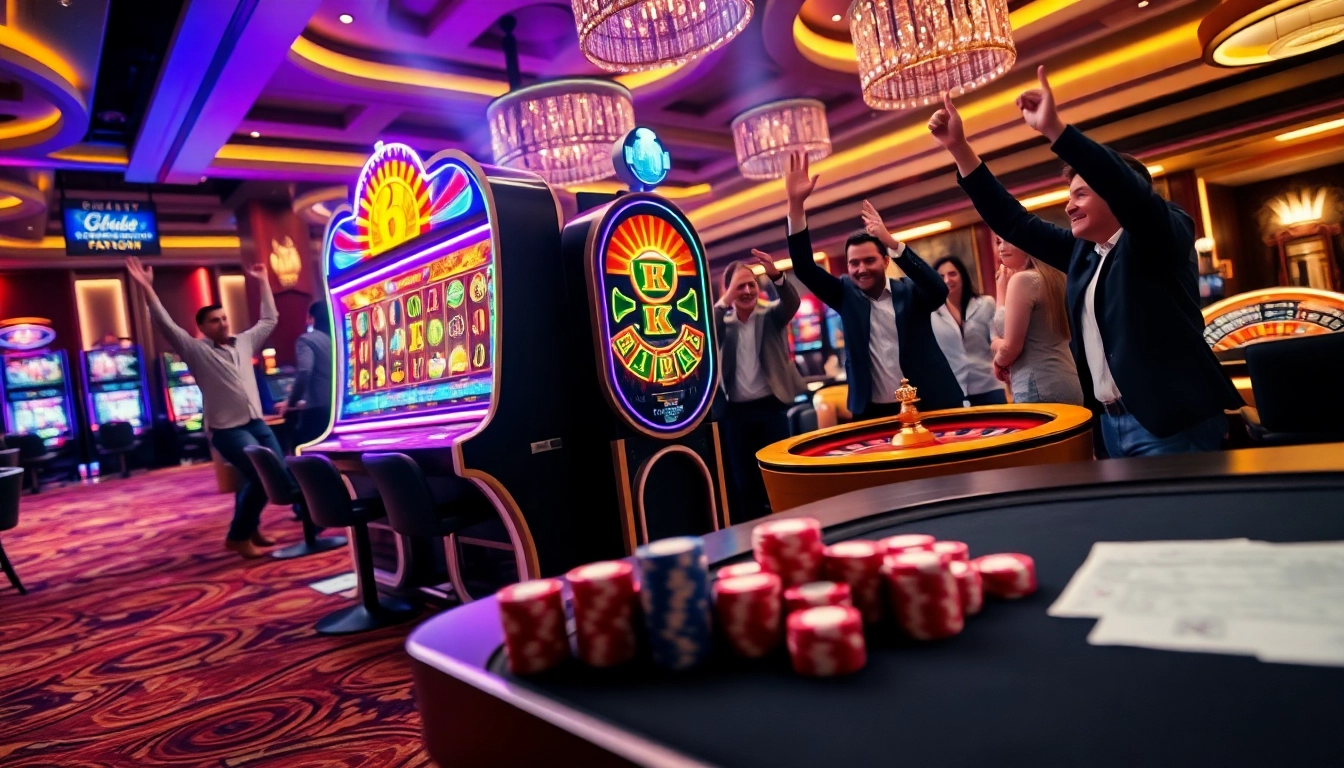 Nổ hũ gaming scene showcasing vibrant slot machines and casino excitement.