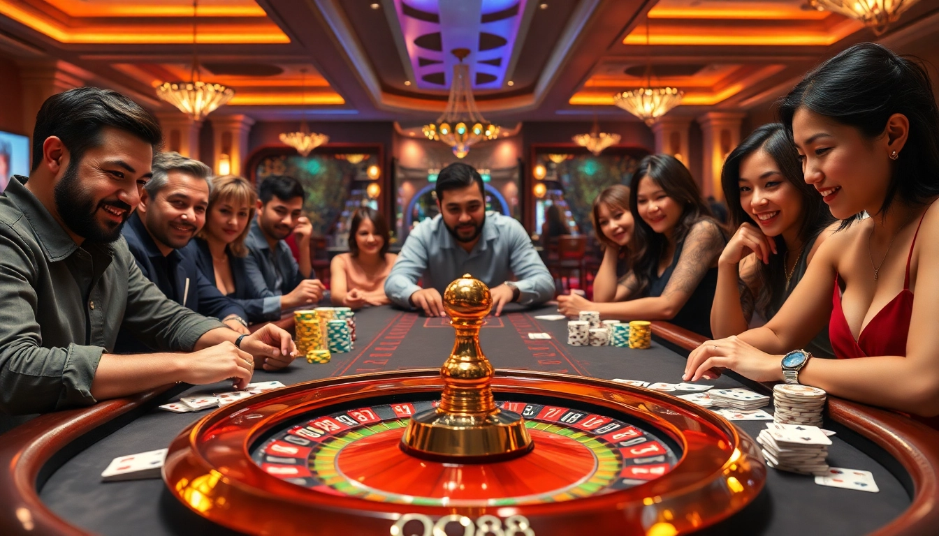 Experience an exhilarating game at QQ88 casino, showcasing vibrant poker chips and enthusiastic players.