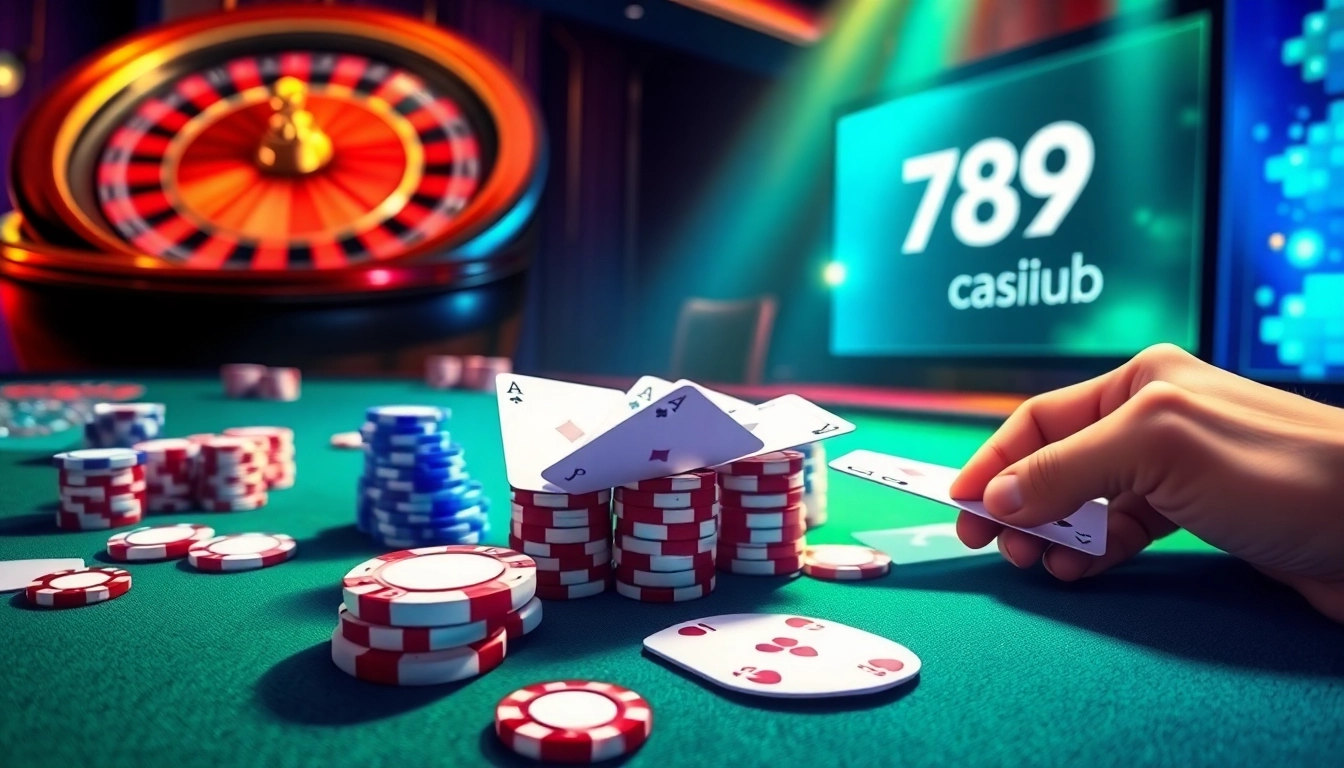 Cổng game 789club with vibrant casino atmosphere showcasing poker, roulette, and online betting excitement.