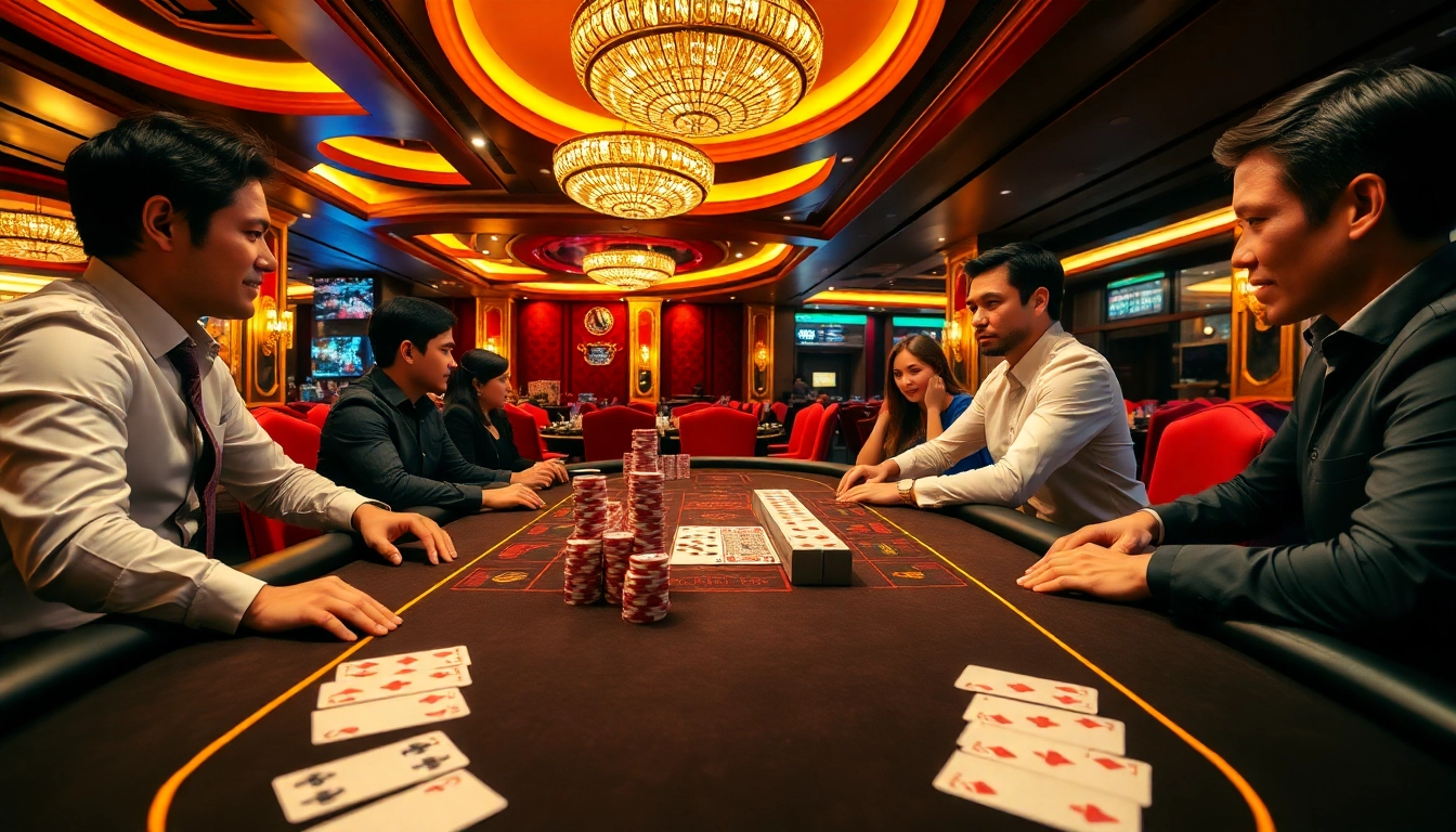 Experience the thrill of baccarat at Jun88 phiên bản 1 with players engaged in the game and vibrant chips.