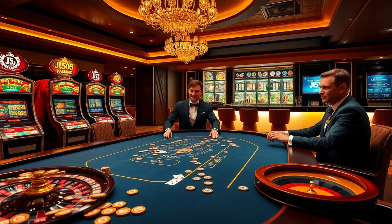 Exciting casino scene with professional players at a poker table and JL55 themed chips.