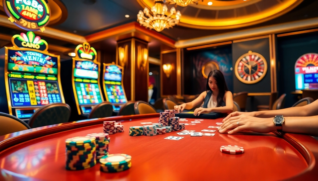 Players strategize at a PG88 poker table, surrounded by chips and excitement in a luxurious casino.