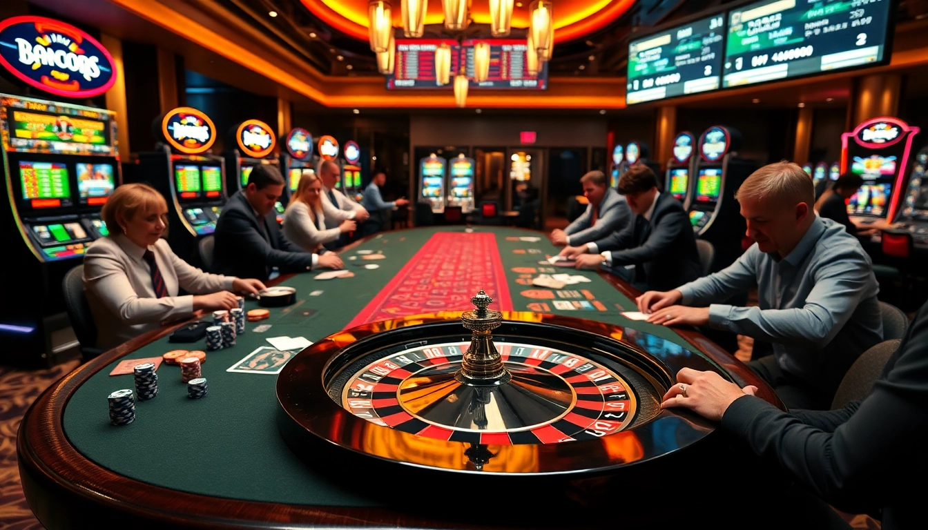 Intense players eagerly betting at a luxurious table, showcasing kèo nhà cái trực tiếp in a vibrant casino setting.