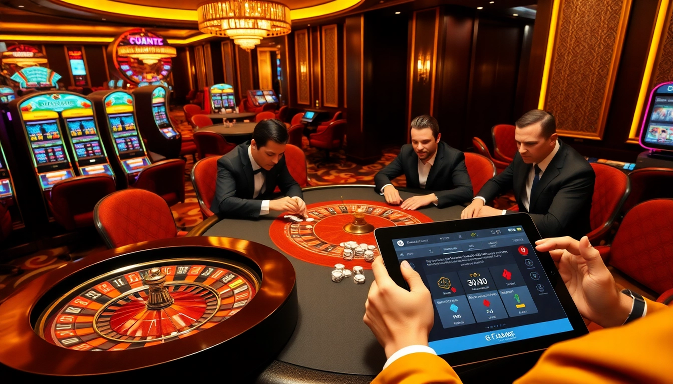 B52-themed luxurious casino with players at poker table and roulette wheel.