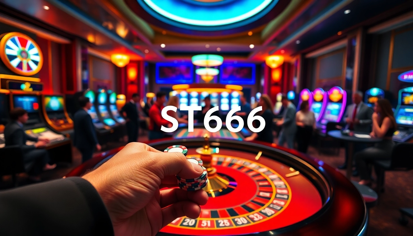 Players engaging at the ST666 roulette table in a vibrant, luxurious casino setting.