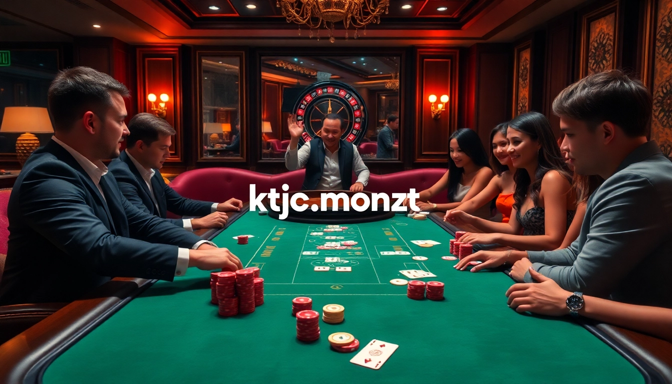 Excited players engage in an upscale poker game at KJC's luxurious casino, showcasing https://kjc.money/ as a premier gaming platform.