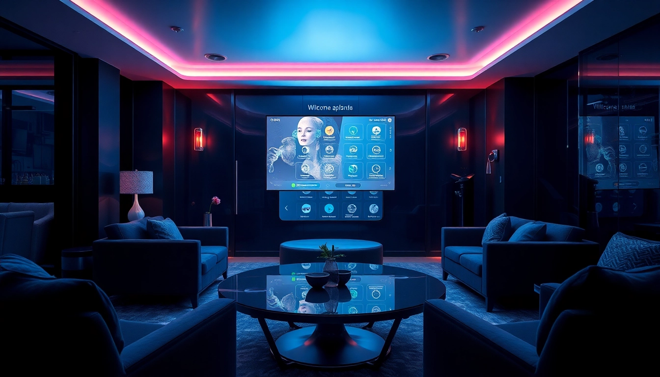 Interactive AI virtual companion designed for 18+ users in a modern lounge setting.