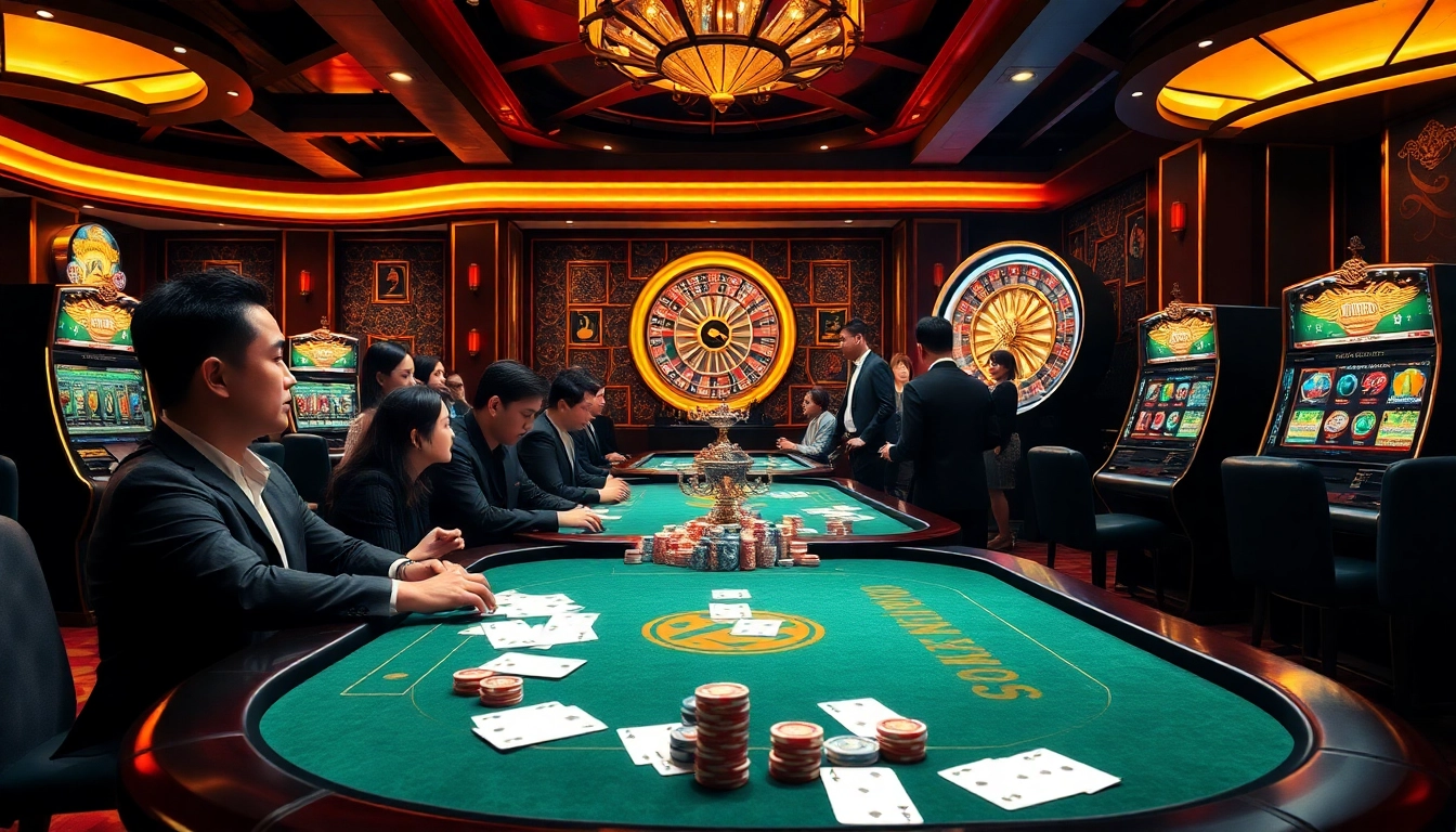 Exciting game bài đổi thưởng scene with luxurious casino tables, cards, and slot machines