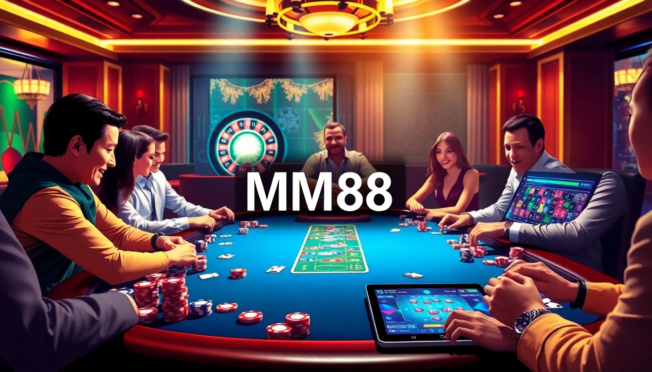 Play poker at MM88's exciting casino featuring vibrant poker chips and a roulette wheel.