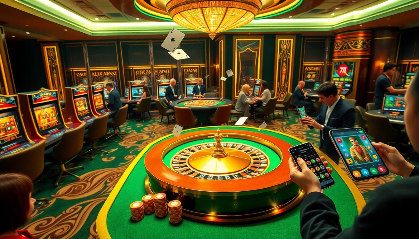 Tải game xn88 within a vibrant online casino featuring luxurious slot machines and players enjoying poker.