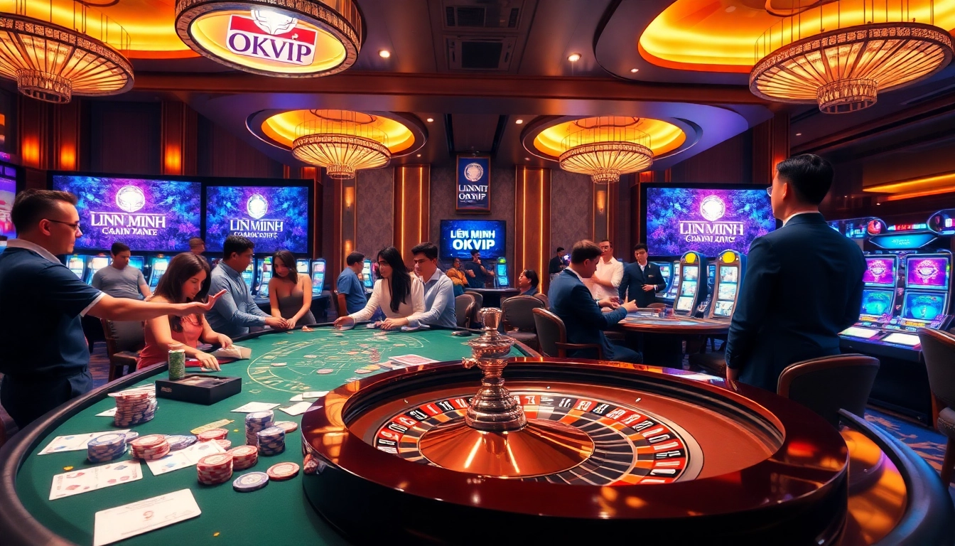 Experience thrilling gameplay with LIÊN MINH OKVIP at an upscale casino table featuring poker activity.