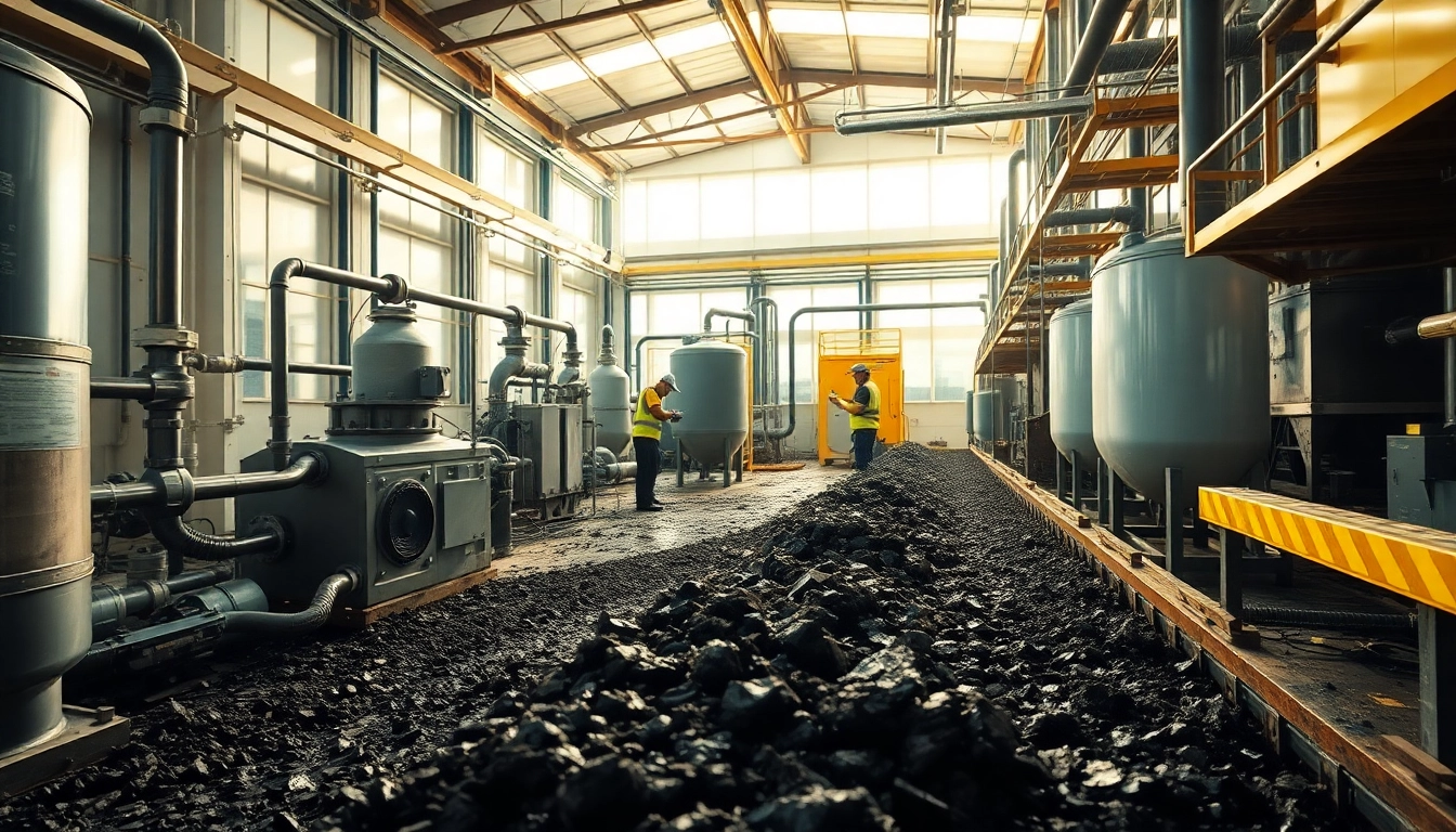 Ölschlamm Recyclingprozess mit modernen Maschinen und Fachleuten bei der Arbeit.