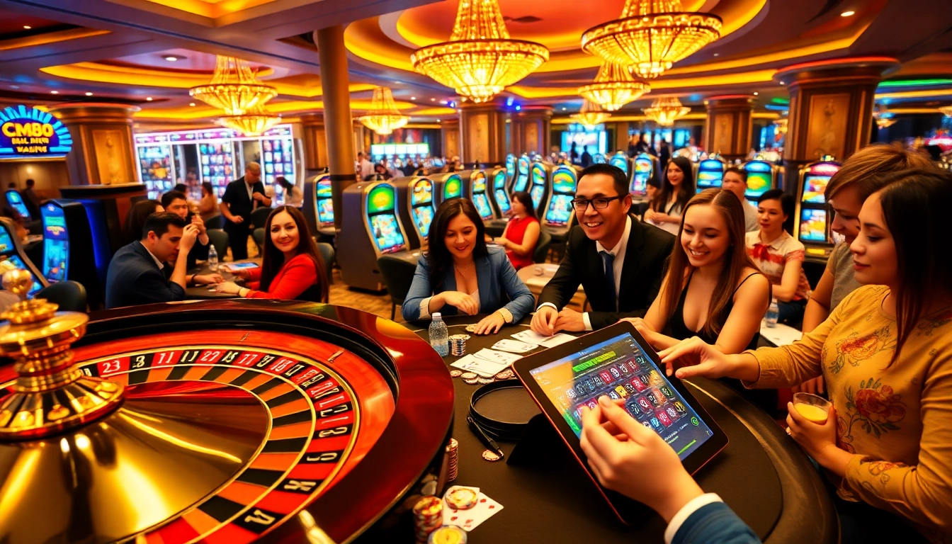 Players enjoying a luxurious CM88 casino environment with poker tables and slot machines.
