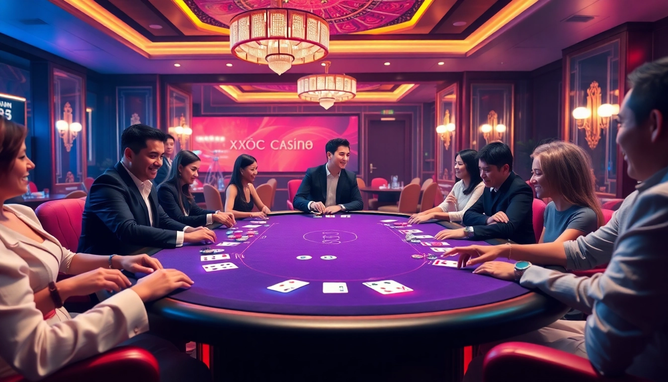Engage with thrilling Xóc Đĩa games at XOCDIA88, featuring elegant casino settings and eager players.