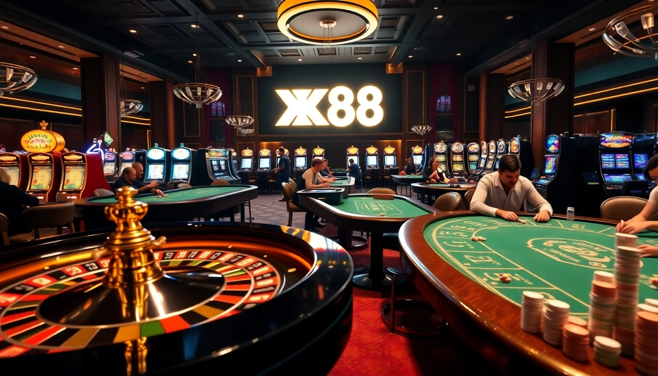Players enjoying thrilling games at XX88 casino with roulette wheel and slot machines.