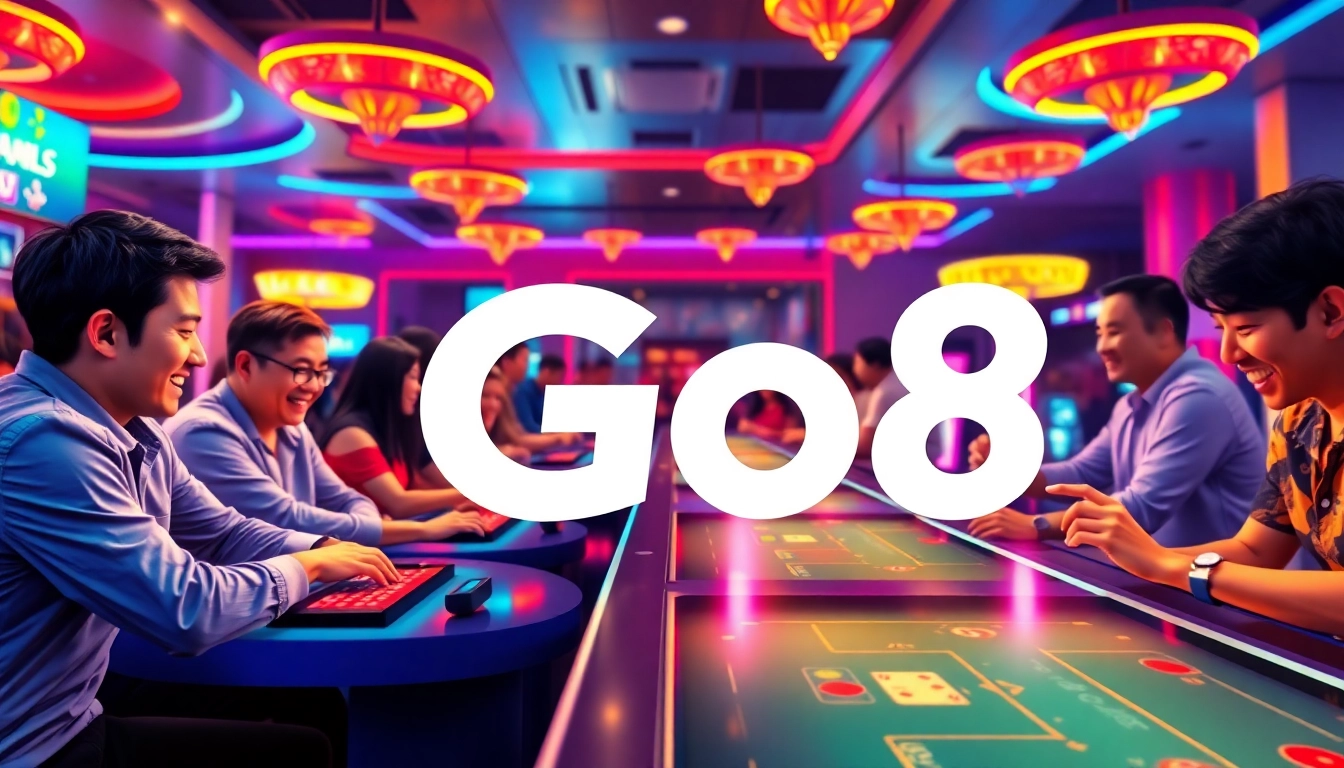Go8 online casino environment showcasing players enjoying poker and Tài Xỉu with vibrant colors.