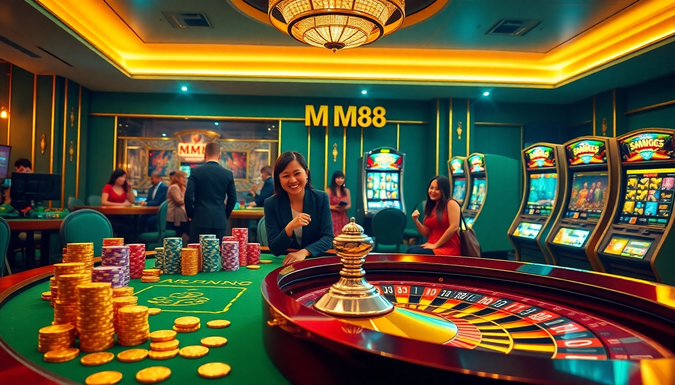 Experience the excitement of MM88 at a luxurious gambling scene with vibrant poker chips and a spinning roulette.