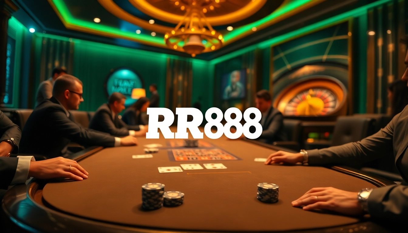 RR88 casino scene showcasing intense poker action with chips and cards.