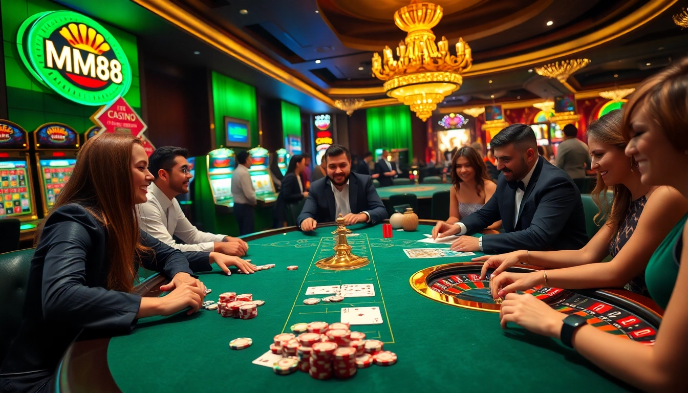 Players enjoying a thrilling poker game at an MM88 casino table with vibrant atmosphere and luxury elements.