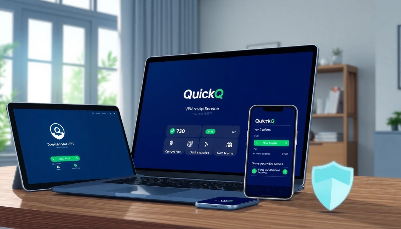 在多设备上显示的 QuickQ 下载界面，位于现代家庭办公室，突出安全性与易用性。