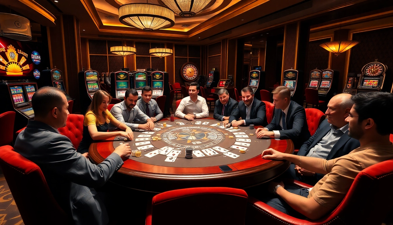 Players enjoying game bài at an upscale casino table with vibrant chips and cards.