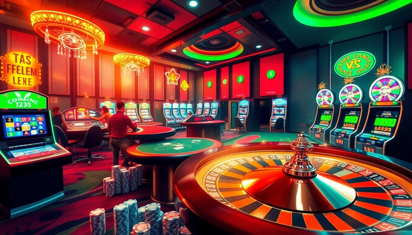 Experience the excitement of febet's casino with vibrant tables, roulette wheels, and slot machines.