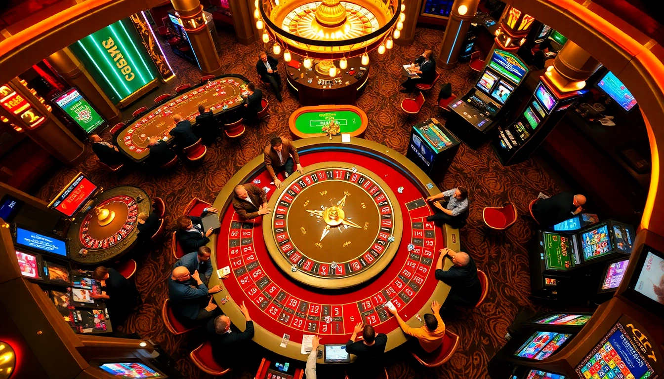 Experience thrilling gameplay at https://luck8.plus/ with vibrant casino scenes featuring roulette and poker tables.