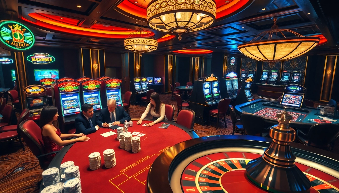 Nohu-themed casino scene showcasing a high-stakes poker game with luxurious décor and vibrant slot machines.