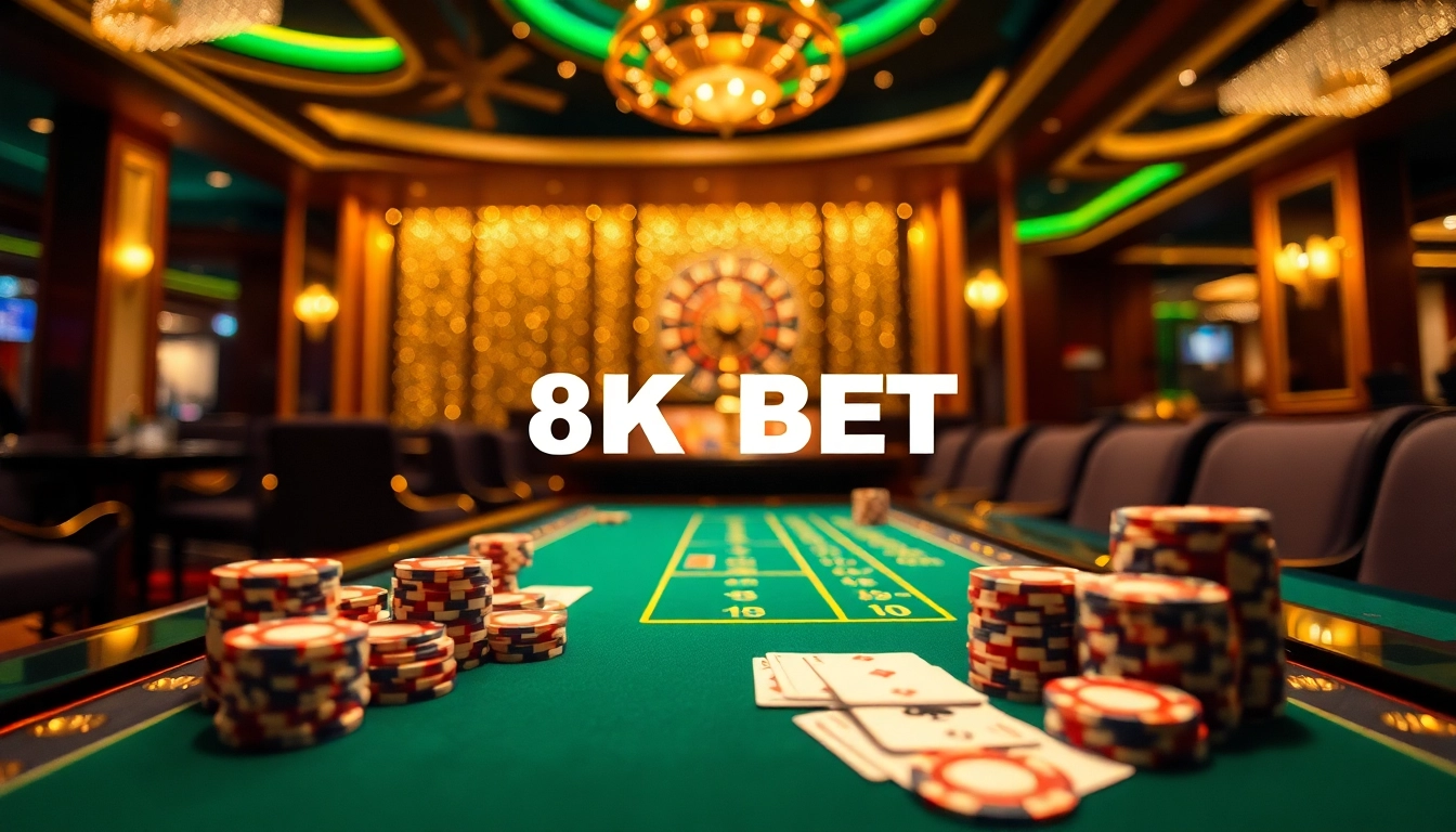 Experience an exciting poker game at 8KBET's luxurious casino with elegant decor.