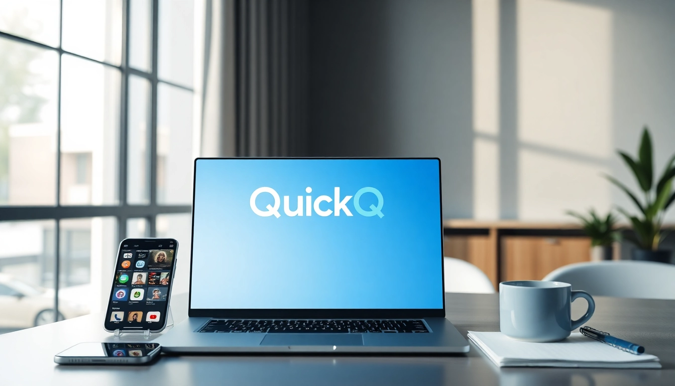 展示带有 QuickQ 标志的工作区，象征 quickq官网的先进网络解决方案。