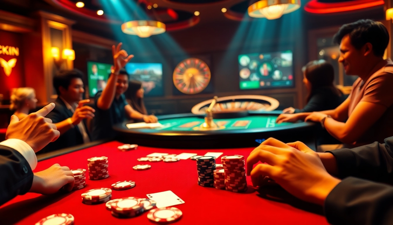 Experience the excitement of Luckywin at a luxurious casino table filled with eager players and vibrant poker chips.