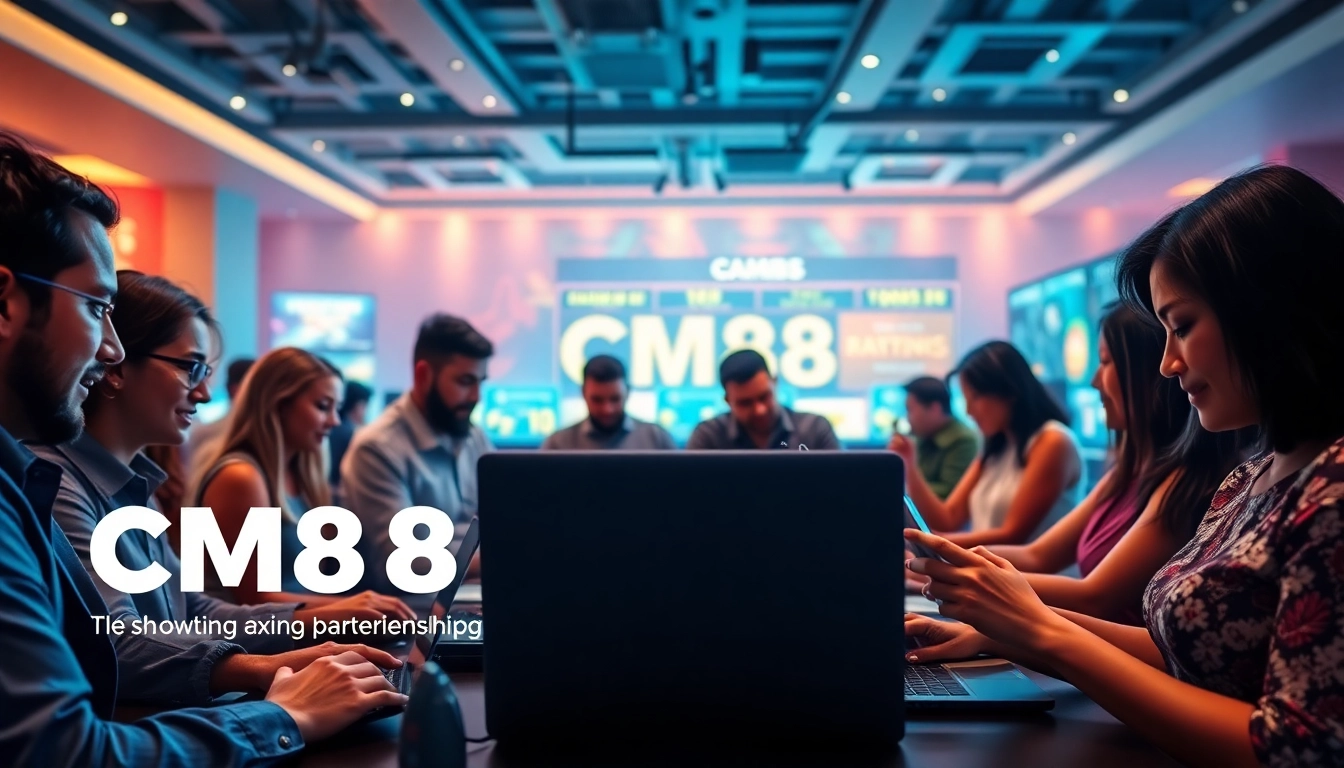 Dynamic gambling scene for CM88 showcasing players engaged in online gaming with secure payment options.