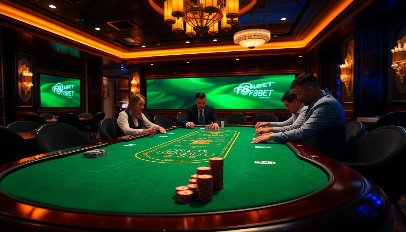 F8BET poker table scene showcasing professional gamblers engaged in strategic play.