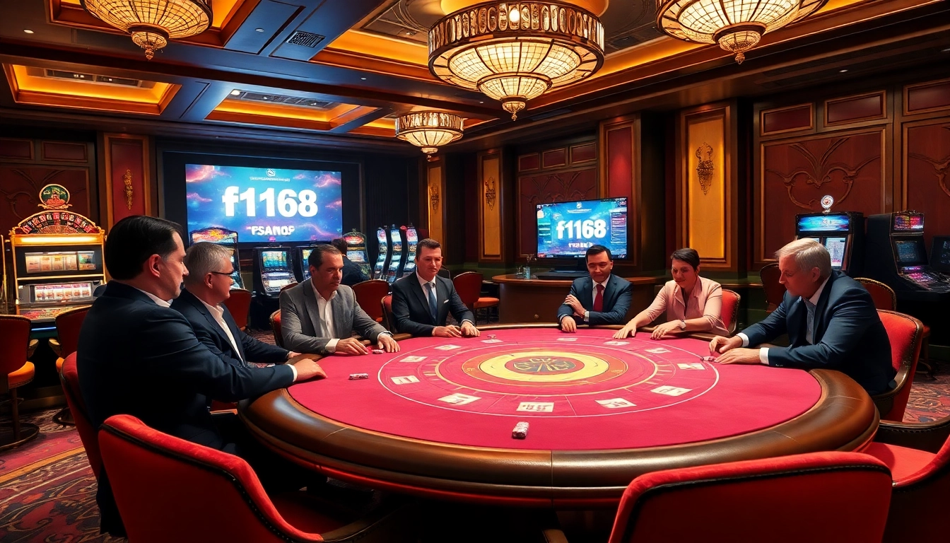 Players enjoying poker at https://f168.sarl/ with luxurious casino decor and digital interfaces.