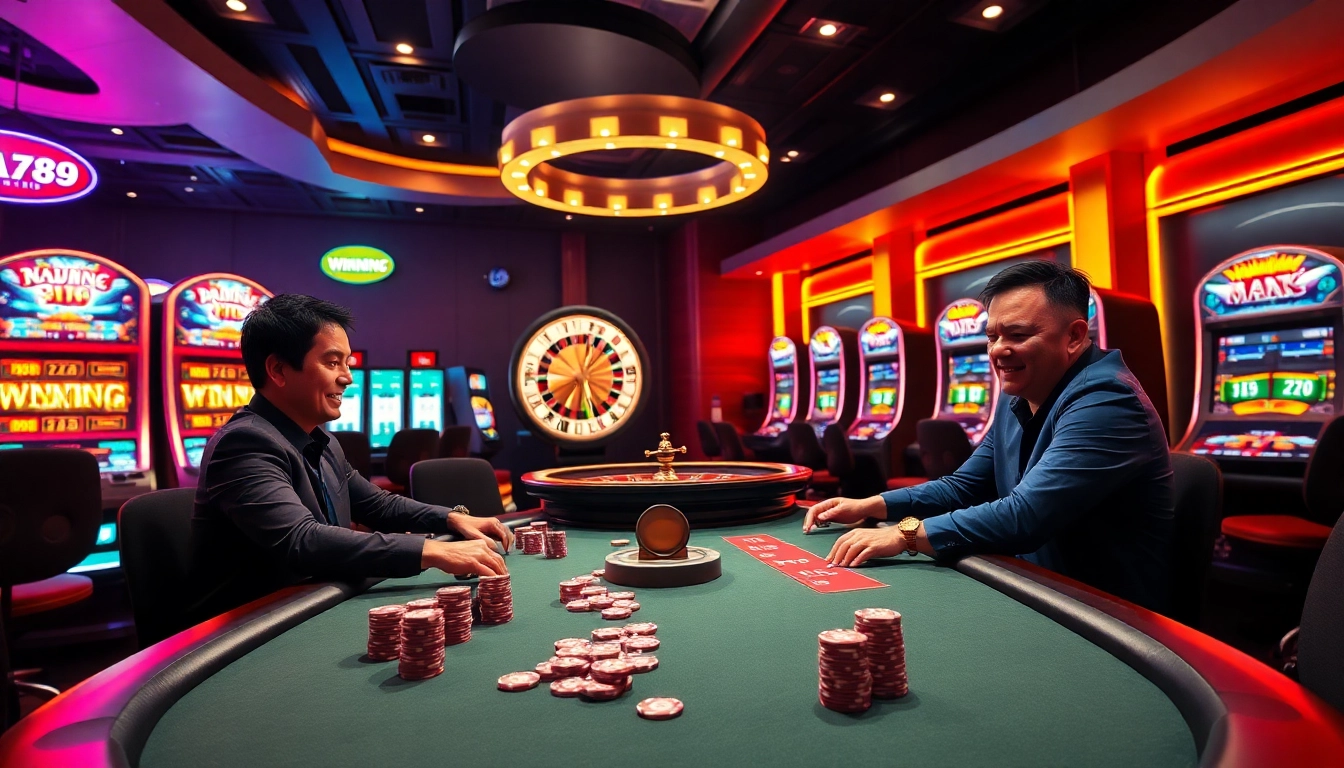 Sao789 players strategically engage at a professional poker table, surrounded by vibrant casino elements.