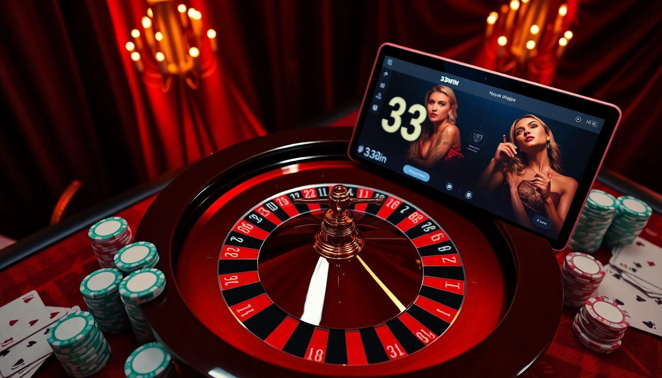 33win online casino scene showcasing a vibrant roulette wheel and poker chips, evoking excitement.