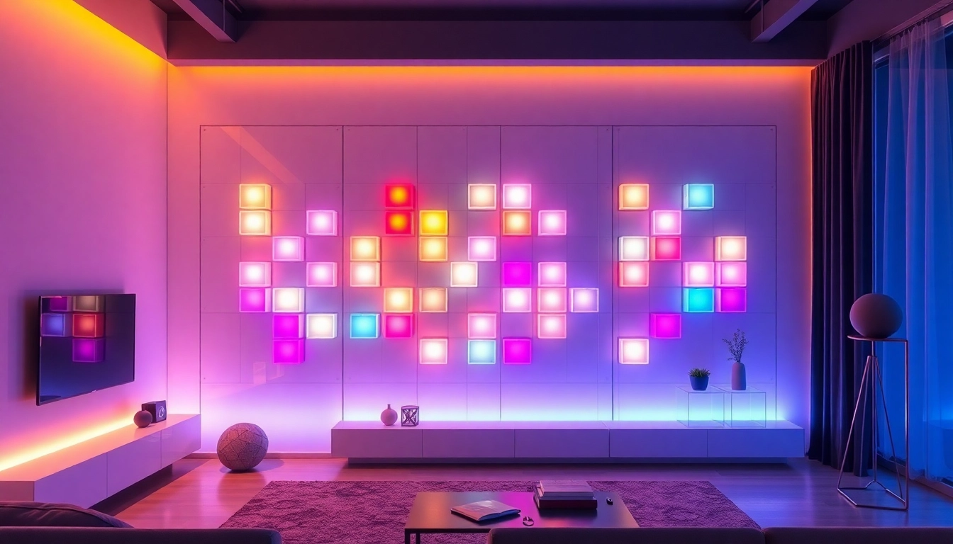 Nanoleaf Block Test installation showcasing ambient RGB lighting in a modern living room
