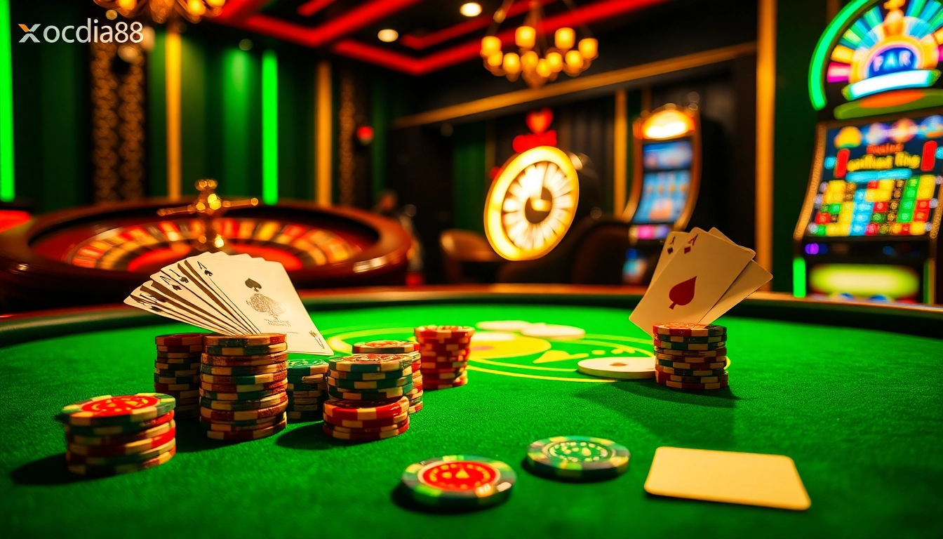 Experience the excitement at xocdia88 with a luxurious casino scene featuring poker chips and cards.