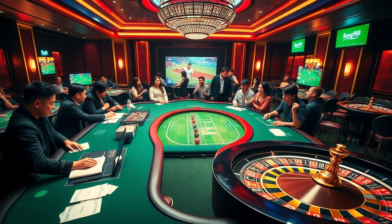 Bong99 betting enthusiasts playing poker at a luxurious casino with vibrant tables and odds displays.